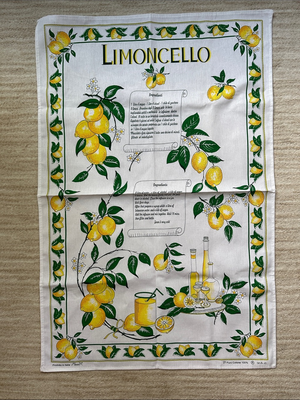 NWOT Lemon Tea Towel Italy Cotton LIMONCELLO MonveniR 22” X 34” Vintage Italian